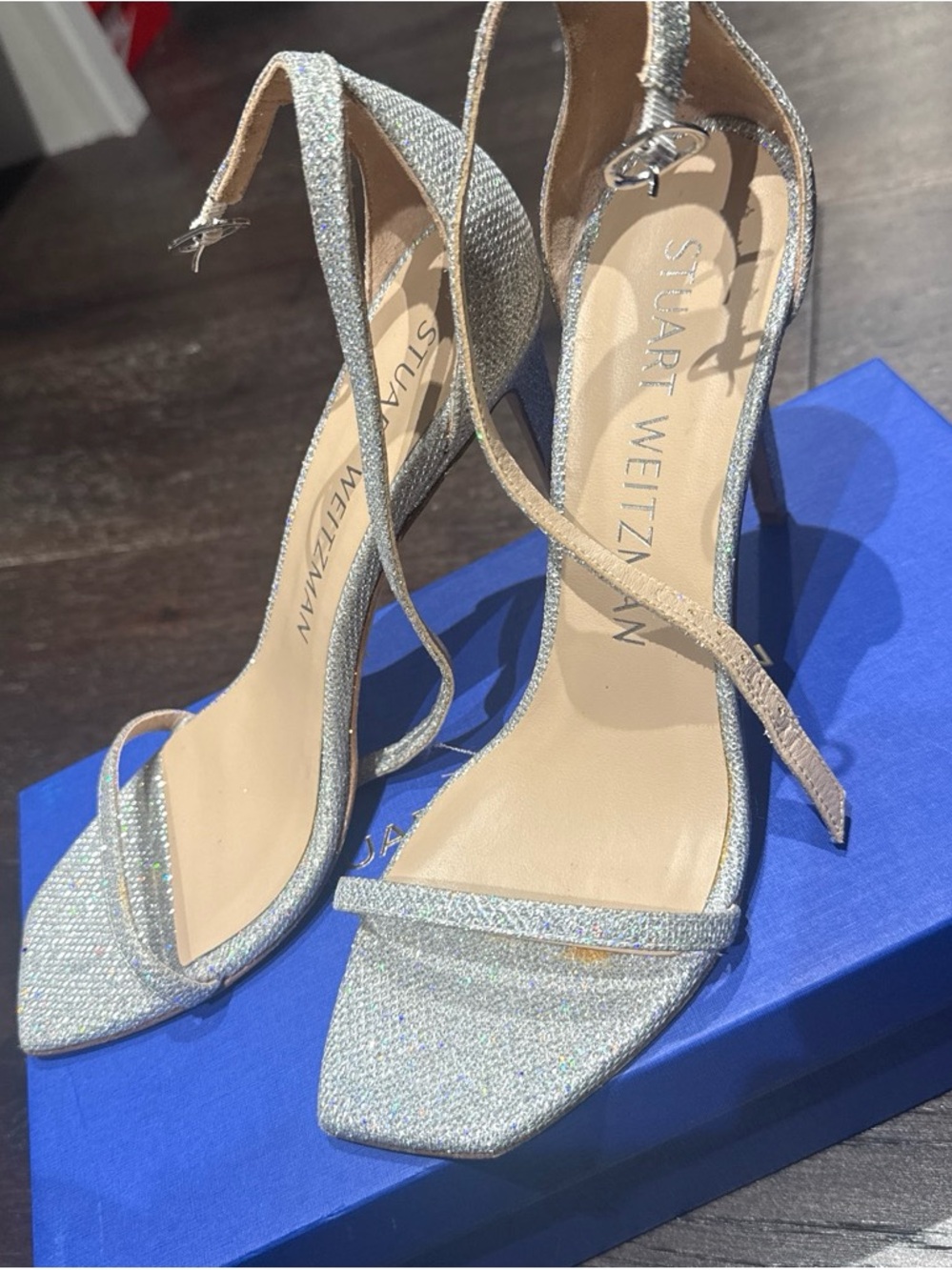 Stuart Weitzman Silver Glitter Ankle-Strap Sandals